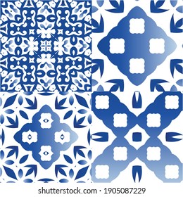 Traditional ornate portuguese azulejos. Collection of vector seamless patterns. Kitchen design. Blue abstract backgrounds for web backdrop, print, pillows, surface texture, wallpaper, towels.