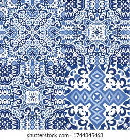 Traditional ornate portuguese azulejos. Creative design. Collection of vector seamless patterns. Blue abstract backgrounds for web backdrop, print, pillows, surface texture, wallpaper, towels.