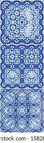 Traditional ornate portuguese azulejos. Geometric design. Kit of vector seamless patterns. Blue abstract backgrounds for web backdrop, print, pillows, surface texture, wallpaper, towels.