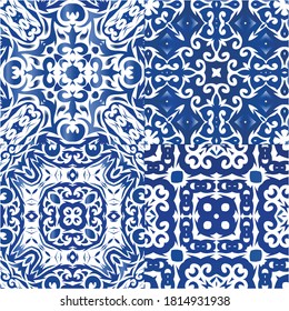 Traditional ornate portuguese azulejos. Geometric design. Collection of vector seamless patterns. Blue abstract backgrounds for web backdrop, print, pillows, surface texture, wallpaper, towels.