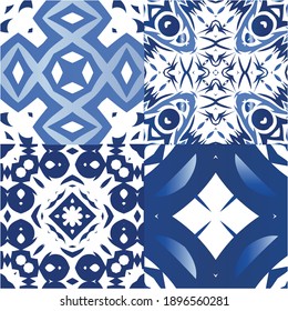 Traditional ornate portuguese azulejos. Geometric design. Collection of vector seamless patterns. Blue abstract backgrounds for web backdrop, print, pillows, surface texture, wallpaper, towels.