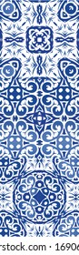 Traditional ornate portuguese azulejos. Hand drawn design. Set of vector seamless patterns. Blue abstract backgrounds for web backdrop, print, pillows, surface texture, wallpaper, towels.