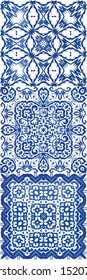 Traditional ornate portuguese azulejos. Kit of vector seamless patterns. Colored design. Blue abstract backgrounds for web backdrop, print, pillows, surface texture, wallpaper, towels.