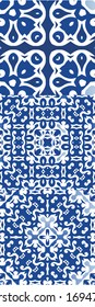Traditional ornate portuguese azulejos. Kit of vector seamless patterns. Kitchen design. Blue abstract backgrounds for web backdrop, print, pillows, surface texture, wallpaper, towels.