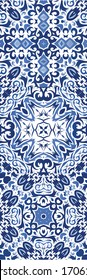 Traditional ornate portuguese azulejos. Kit of vector seamless patterns. Bathroom design. Blue abstract backgrounds for web backdrop, print, pillows, surface texture, wallpaper, towels.