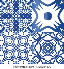 Traditional ornate portuguese azulejos. Kit of vector seamless patterns. Modern design. Blue abstract backgrounds for web backdrop, print, pillows, surface texture, wallpaper, towels.