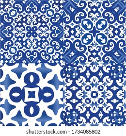 Traditional ornate portuguese azulejos. Kit of vector seamless patterns. Creative design. Blue abstract backgrounds for web backdrop, print, pillows, surface texture, wallpaper, towels.