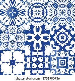 Traditional ornate portuguese azulejos. Kit of vector seamless patterns. Graphic design. Blue abstract backgrounds for web backdrop, print, pillows, surface texture, wallpaper, towels.