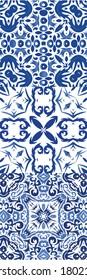 Traditional ornate portuguese azulejos. Kit of vector seamless patterns. Bathroom design. Blue abstract backgrounds for web backdrop, print, pillows, surface texture, wallpaper, towels.