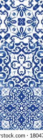 Traditional ornate portuguese azulejos. Kit of vector seamless patterns. Universal design. Blue abstract backgrounds for web backdrop, print, pillows, surface texture, wallpaper, towels.