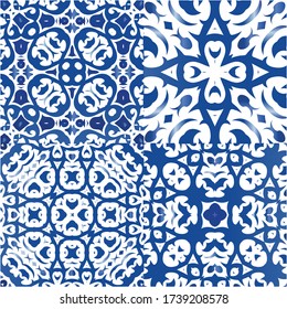 Traditional ornate portuguese azulejos. Kitchen design. Collection of vector seamless patterns. Blue abstract backgrounds for web backdrop, print, pillows, surface texture, wallpaper, towels.