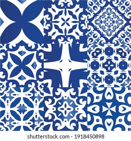 Traditional ornate portuguese azulejos. Kitchen design. Collection of vector seamless patterns. Blue abstract backgrounds for web backdrop, print, pillows, surface texture, wallpaper, towels.