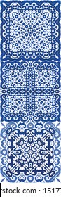Traditional ornate portuguese azulejos. Modern design. Set of vector seamless patterns. Blue abstract backgrounds for web backdrop, print, pillows, surface texture, wallpaper, towels.
