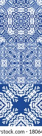 Traditional ornate portuguese azulejos. Modern design. Set of vector seamless patterns. Blue abstract backgrounds for web backdrop, print, pillows, surface texture, wallpaper, towels.