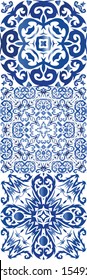 Traditional ornate portuguese azulejos. Set of vector seamless patterns. Bathroom design. Blue abstract backgrounds for web backdrop, print, pillows, surface texture, wallpaper, towels.