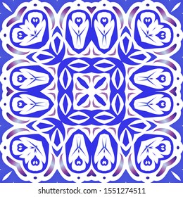 Traditional ornate portuguese azulejos. Set of vector seamless patterns. Geometric design. Blue abstract backgrounds for web backdrop, print, pillows, surface texture, wallpaper, towels.
