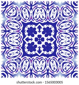 Traditional ornate portuguese azulejos. Set of vector seamless patterns. Geometric design. Blue abstract backgrounds for web backdrop, print, pillows, surface texture, wallpaper, towels.