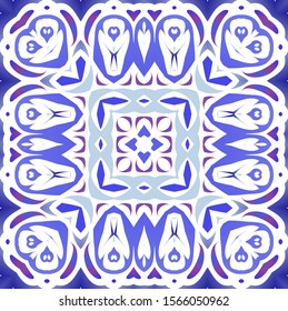Traditional ornate portuguese azulejos. Set of vector seamless patterns. Geometric design. Blue abstract backgrounds for web backdrop, print, pillows, surface texture, wallpaper, towels.