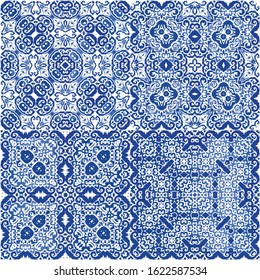 Traditional ornate portuguese azulejos. Set of vector seamless patterns. Colored design. Blue abstract backgrounds for web backdrop, print, pillows, surface texture, wallpaper, towels.
