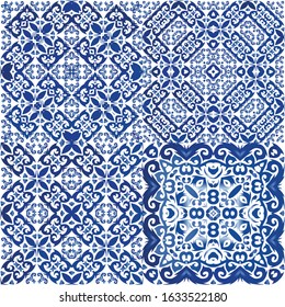 Traditional ornate portuguese azulejos. Set of vector seamless patterns. Colored design. Blue abstract backgrounds for web backdrop, print, pillows, surface texture, wallpaper, towels.