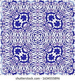 Traditional ornate portuguese azulejos. Set of vector seamless patterns. Geometric design. Blue abstract backgrounds for web backdrop, print, pillows, surface texture, wallpaper, towels.