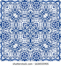 Traditional ornate portuguese azulejos. Set of vector seamless patterns. Geometric design. Blue abstract backgrounds for web backdrop, print, pillows, surface texture, wallpaper, towels.