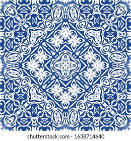Traditional ornate portuguese azulejos. Set of vector seamless patterns. Geometric design. Blue abstract backgrounds for web backdrop, print, pillows, surface texture, wallpaper, towels.