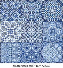 Traditional ornate portuguese azulejos. Set of vector seamless patterns. Creative design. Blue abstract backgrounds for web backdrop, print, pillows, surface texture, wallpaper, towels.