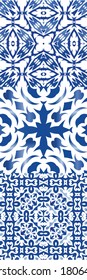 Traditional ornate portuguese azulejos. Set of vector seamless patterns. Bathroom design. Blue abstract backgrounds for web backdrop, print, pillows, surface texture, wallpaper, towels.