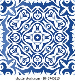 Traditional ornate portuguese azulejos. Set of vector seamless patterns. Geometric design. Blue abstract backgrounds for web backdrop, print, pillows, surface texture, wallpaper, towels.