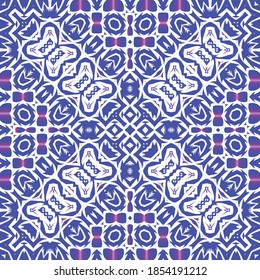 Traditional ornate portuguese azulejos. Set of vector seamless patterns. Geometric design. Blue abstract backgrounds for web backdrop, print, pillows, surface texture, wallpaper, towels.