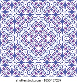 Traditional ornate portuguese azulejos. Set of vector seamless patterns. Geometric design. Blue abstract backgrounds for web backdrop, print, pillows, surface texture, wallpaper, towels.