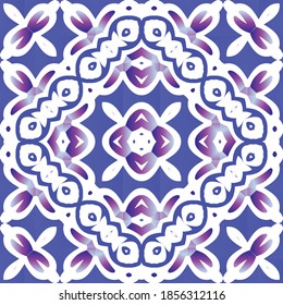 Traditional ornate portuguese azulejos. Set of vector seamless patterns. Geometric design. Blue abstract backgrounds for web backdrop, print, pillows, surface texture, wallpaper, towels.