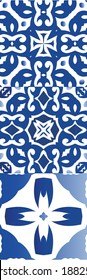 Traditional ornate portuguese azulejos. Set of vector seamless patterns. Universal design. Blue abstract backgrounds for web backdrop, print, pillows, surface texture, wallpaper, towels.