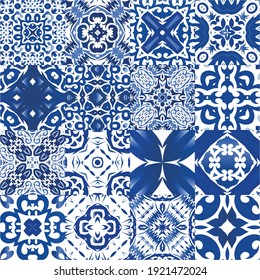 Traditional ornate portuguese azulejos. Set of vector seamless patterns. Fashionable design. Blue abstract backgrounds for web backdrop, print, pillows, surface texture, wallpaper, towels.