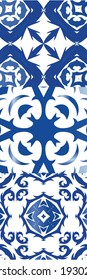 Traditional ornate portuguese azulejos. Set of vector seamless patterns. Geometric design. Blue abstract backgrounds for web backdrop, print, pillows, surface texture, wallpaper, towels.