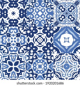 Traditional ornate portuguese azulejos. Stylish design. Set of vector seamless patterns. Blue abstract backgrounds for web backdrop, print, pillows, surface texture, wallpaper, towels.