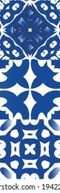 Traditional ornate portuguese azulejos. Stylish design. Kit of vector seamless patterns. Blue abstract backgrounds for web backdrop, print, pillows, surface texture, wallpaper, towels.