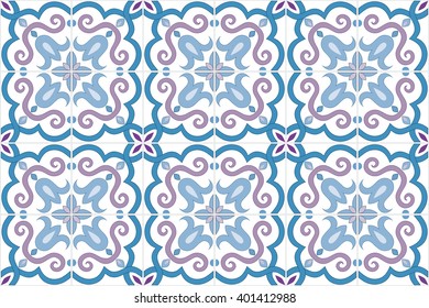 Traditional ornate portuguese and brazilian tiles azulejos in blue and violet colors. Vintage pattern. Abstract background. Vector illustration, eps10. 