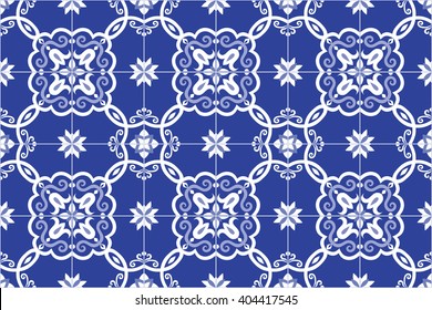 Traditional ornate portuguese and brazilian tiles azulejos in blue. Spanish talavera tiles. Vintage pattern. Abstract background. Vector illustration, eps10. 