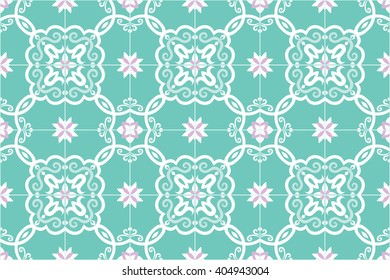 Traditional ornate portuguese and brazilian tiles azulejos in turquoise and pink. Spanish talavera tiles. Vintage pattern. Abstract background. Vector illustration, eps10. 