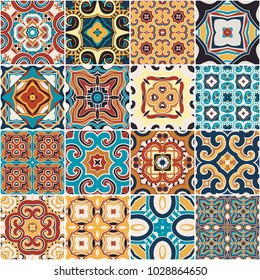 Traditional ornate portuguese decorative color tiles azulejos. Abstract background. Vector hand drawn illustration, typical portuguese tiles, Ceramic tiles. Seamless pattern.