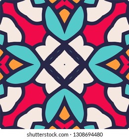 Traditional ornate portuguese decorative color tiles azulejos. Abstract background. Vector hand drawn illustration, typical portuguese tiles, Ceramic tiles. Seamless pattern.