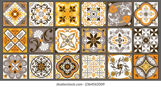 Traditional ornate Portuguese decorative colored azulejos tiles. Abstract background. Vector drawing illustration, typical Portuguese tiles, ceramic tiles. Seamless background.