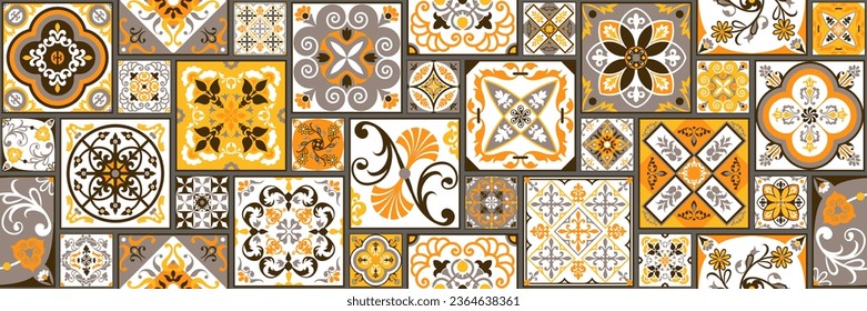 Traditional ornate Portuguese decorative colored azulejos tiles. Abstract background. Vector drawing illustration, typical Portuguese tiles, ceramic tiles. Seamless background.
