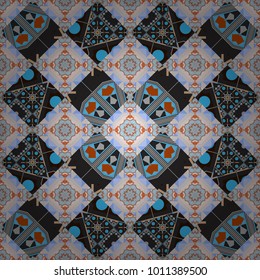 Traditional ornate portuguese decorative tiles azulejos. Brown, gray and blue mandalas. Vector hand drawn art, typical portuguese tiles. Seamless abstract background. Ceramic tiles pattern.