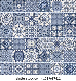 Traditional ornate portuguese decorative tiles azulejos. Abstract background. Vector hand drawn illustration, typical portuguese tiles, Ceramic tiles. Seamless pattern.