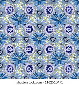 Traditional ornate portuguese decorative tiles azulejos. Ceramic tiles pattern. Orange, blue and yellow mandalas. Seamless abstract background. Vector hand drawn art, typical portuguese tiles.