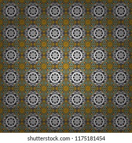 Traditional ornate portuguese decorative tiles azulejos. Ceramic tiles pattern. Gray, orange and blue mandalas. Seamless abstract background. Vector hand drawn art, typical portuguese tiles.