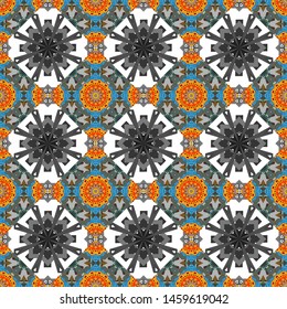 Traditional ornate portuguese decorative tiles azulejos. Vector hand drawn art, typical portuguese tiles. Orange, gray and blue mandalas. Seamless abstract background. Ceramic tiles pattern.